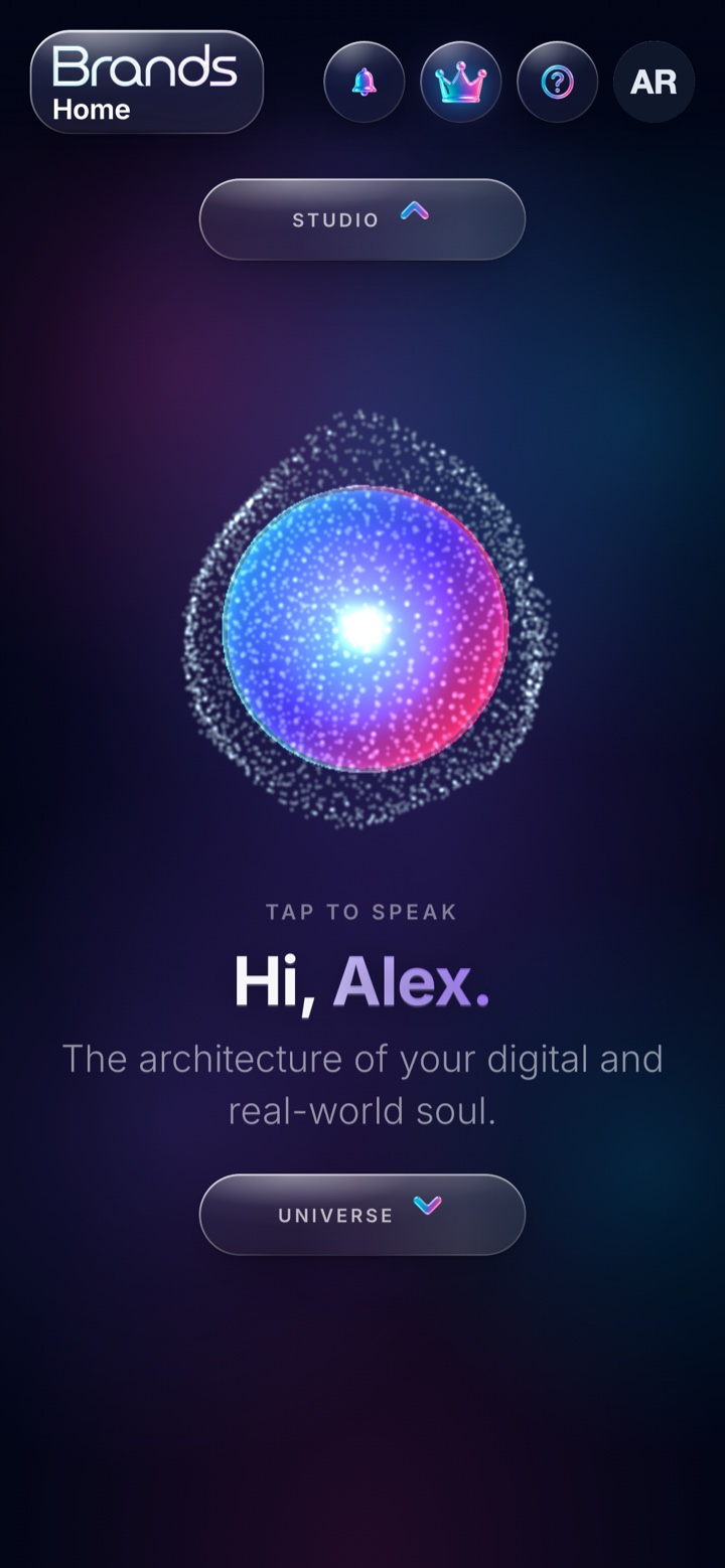 BrandsAI Home screen with the Brands orb