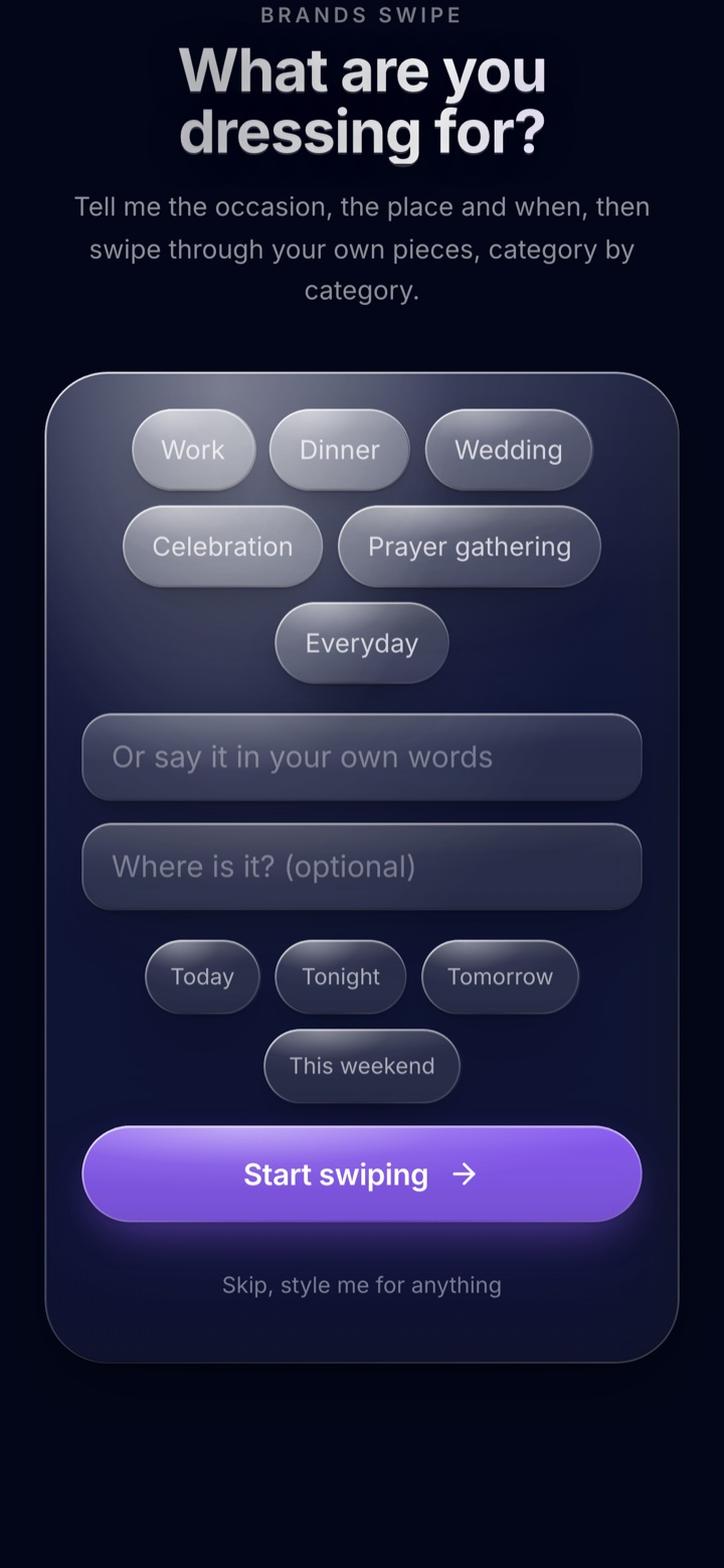 BrandsAI asking what you are dressing for, before it suggests anything