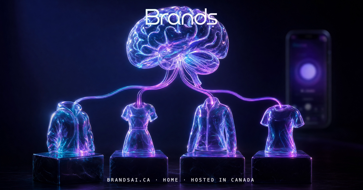The Intelligence, from the BrandsAI house collection: a glass sculpture scene in cyan, violet and magenta.