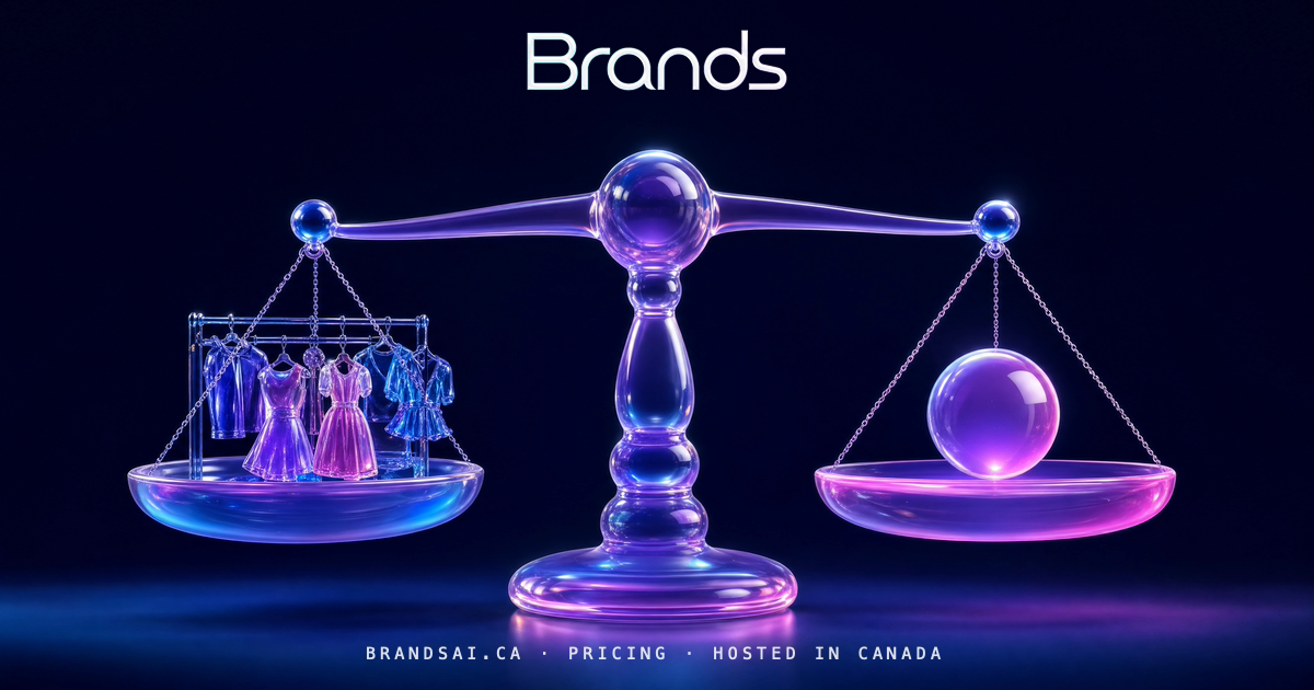 The Balance, from the BrandsAI house collection: a glass sculpture scene in cyan, violet and magenta.
